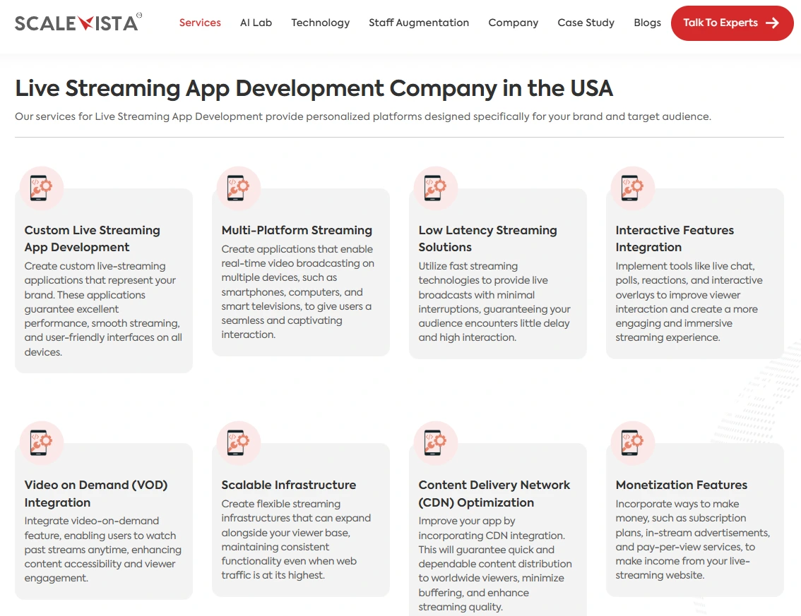 Live streaming app development services offered by Scalevista